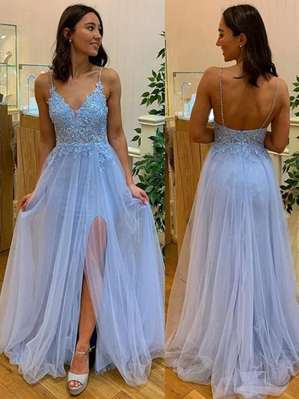 V Neck Sky Blue Lace Prom Dresses Sky Blue Lace Formal Evening Dresses